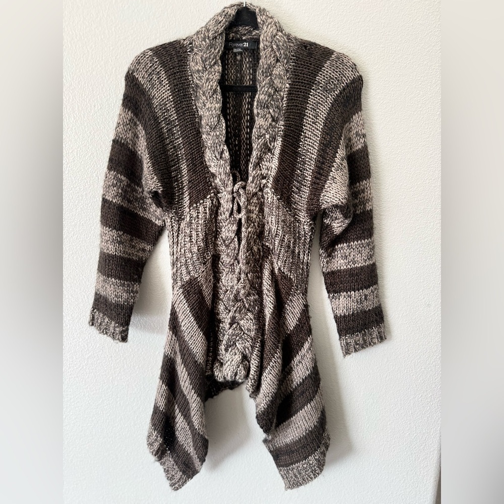 Y2K Chunky Knit Boho Cardigan Brown Striped Braided Tie Front S/M - Picture 2 of 6